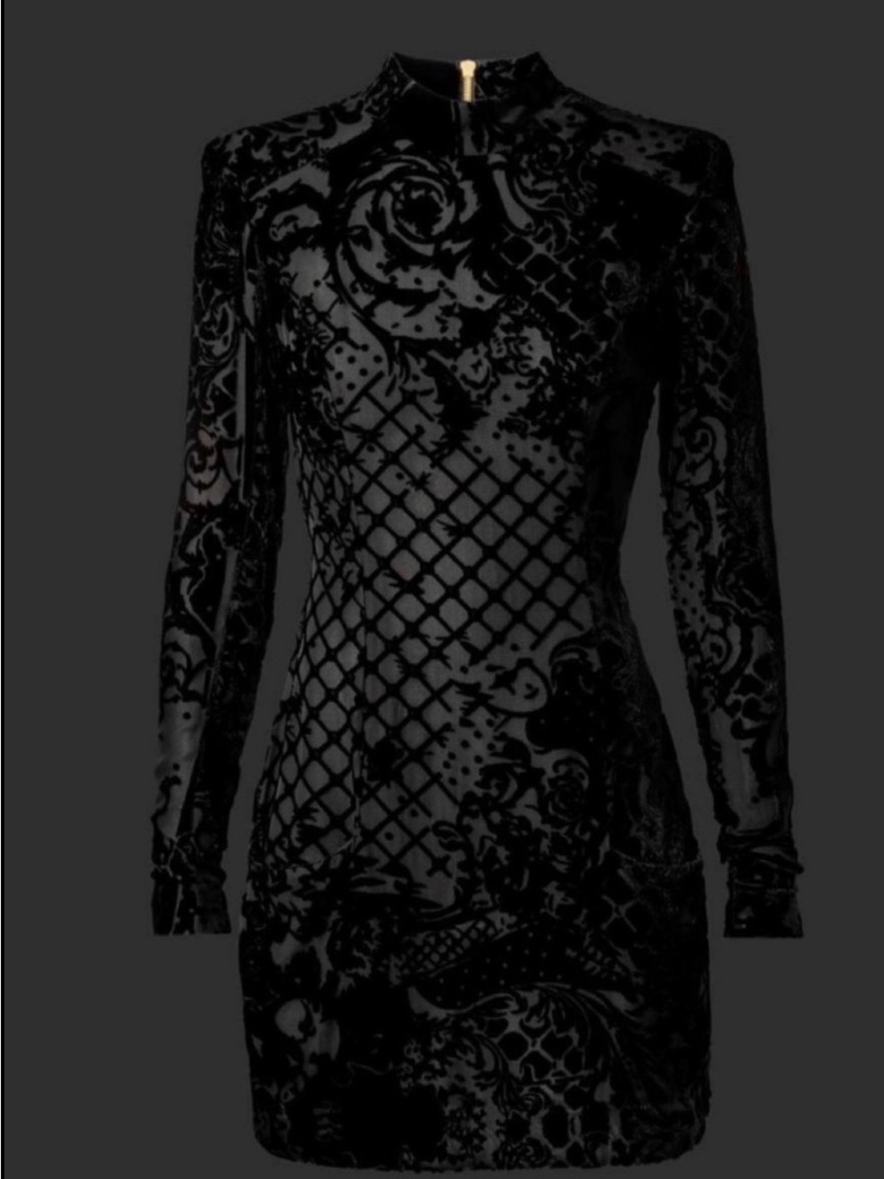 Balmain x H&M Black Velvet Burnout Long-Sleeve Mini Dress Size 2